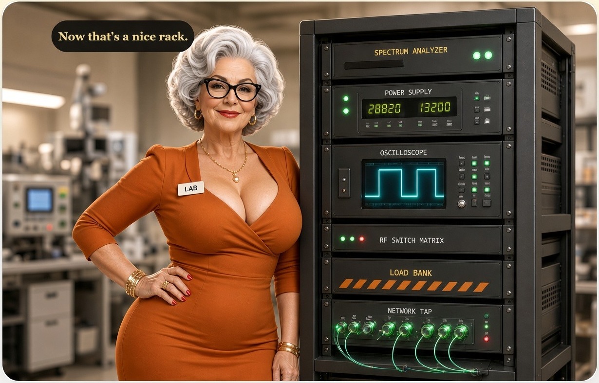 Nice Rack — older woman beside a professional electronics test rack. Now that’s a nice rack.